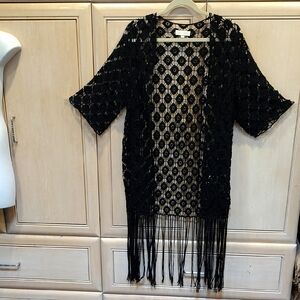 Rebellion Black Crochet Laced Fringe Kimono Cardigan